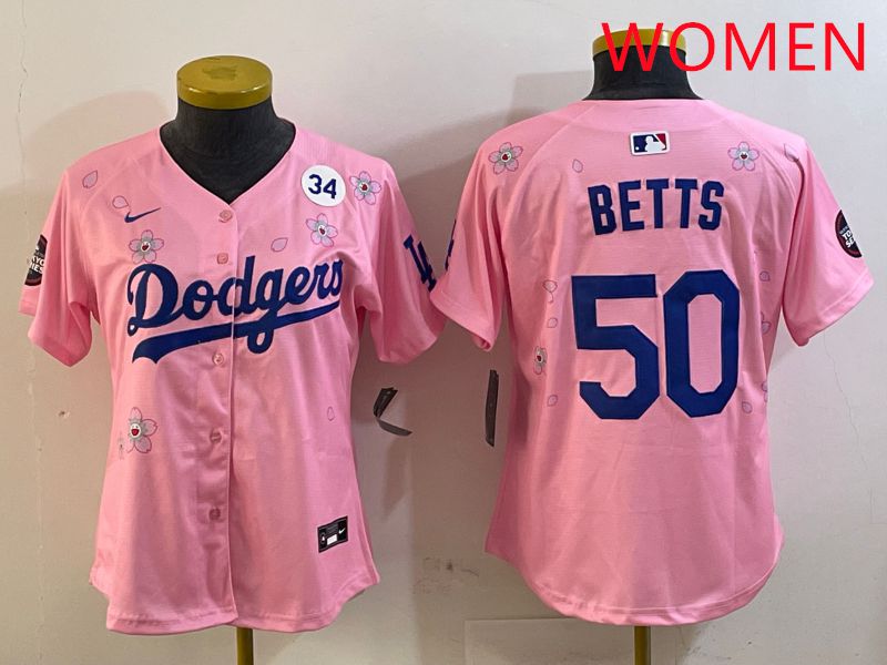 Women Los Angeles Dodgers #50 Betts Pink Sakura Edition 2025 Nike MLB Jersey style 9
